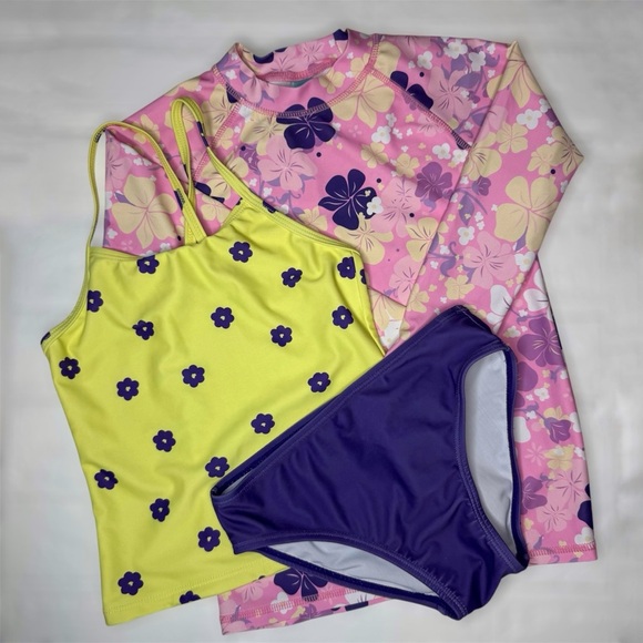 3pc Girls Floral Kids Swim Set - Pink, Yellow, and Purple Size 6/7 - Picture 1 of 11